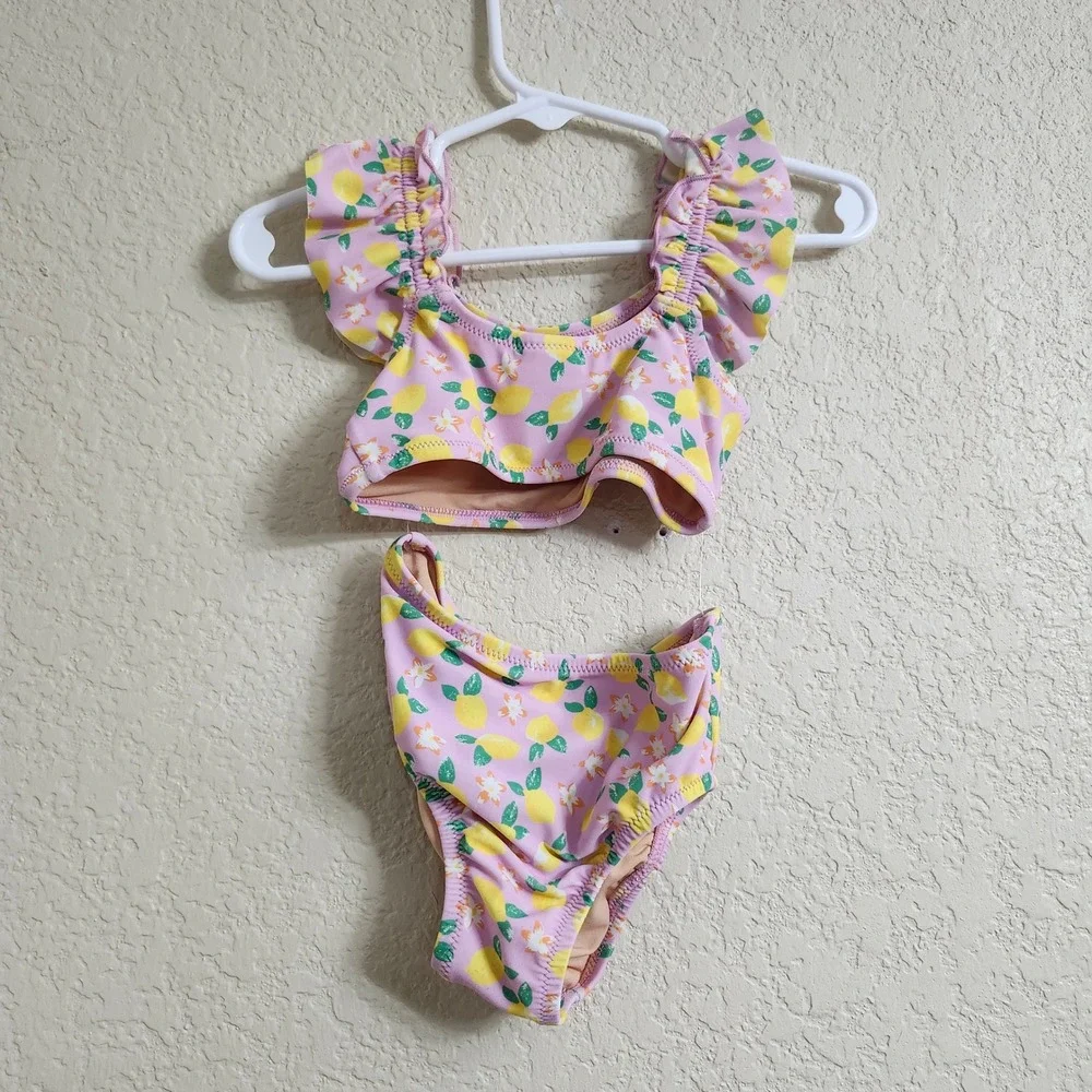 Crewcuts Girls Pink Lemon‎ Print Ruffle 2-Piece Bikini Swimsuit BX178 Size 2